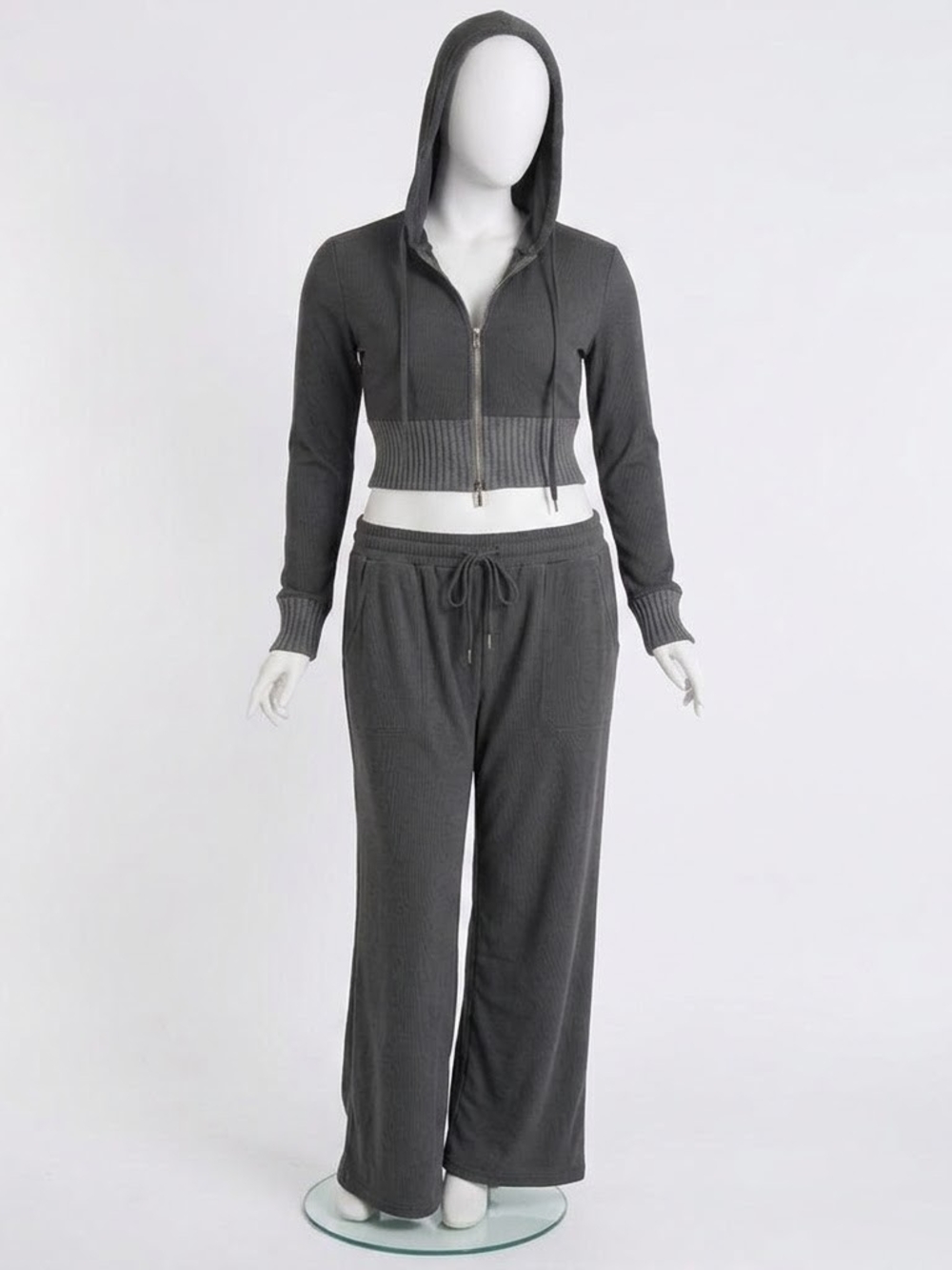 SHEIN Dark Charcoal Grey Ribbed Cropped Zip-Up Hoodie - Size XS (US 2)